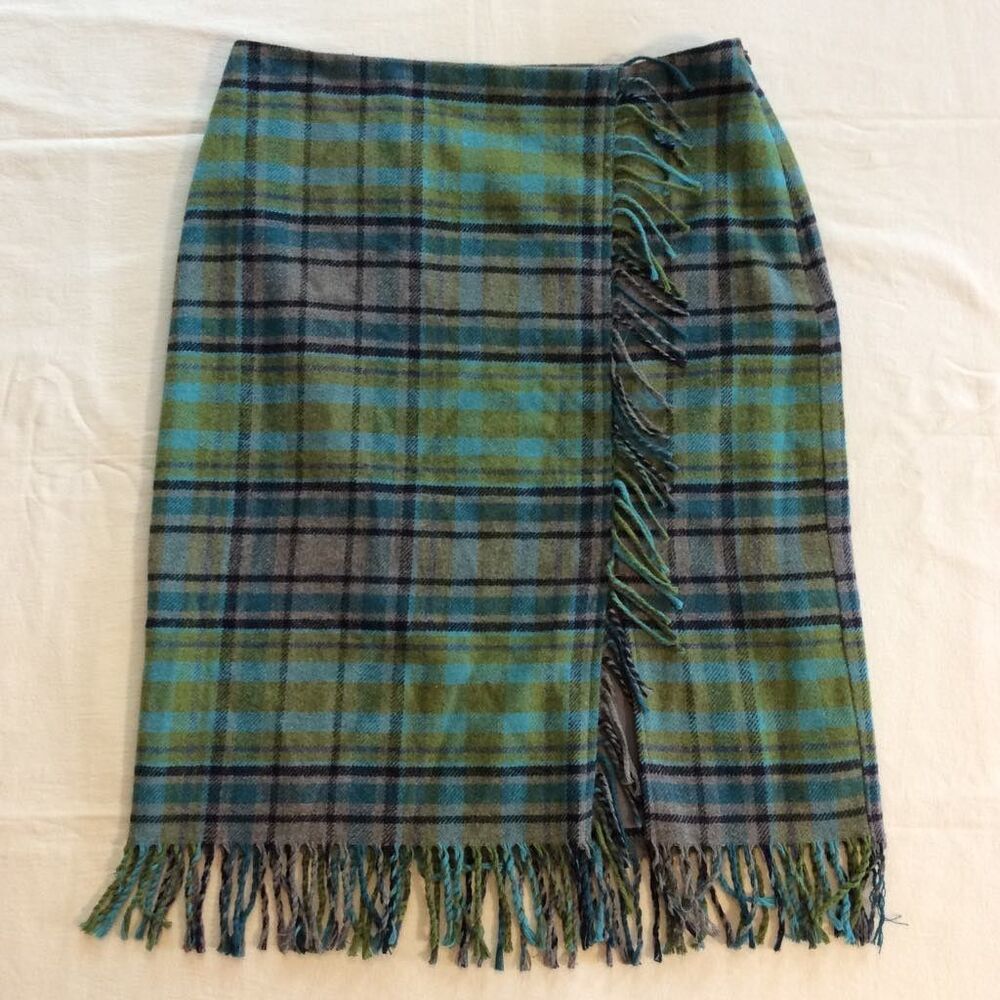 J.JILL Fringe Faux Wrap Skirt Plaid Wool Blend Midi  Blue Green Size 8 Petite